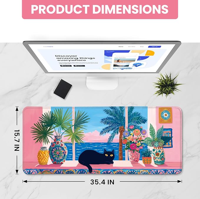 Aesthetic Desk Mat, Cute Quiet Cat Desk Pad Protector for Work & Decor, 35.4" x 15.7", Pretty Non-Slip Extended Mouse Pad for Office or Home