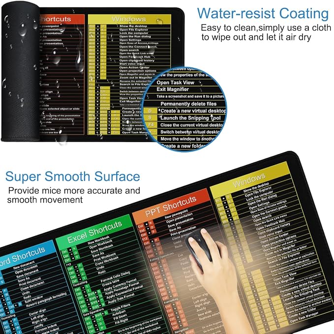 Excel Shortcuts Large Mouse Pad, 31.5" x 15.7" Waterproof Gaming Mousepad | MousePad with Stitched Edge, Non-Slip Rubber Base Excel/Word/Power Point/Windows Big Keyboard Mat for Gamer, Office & Home