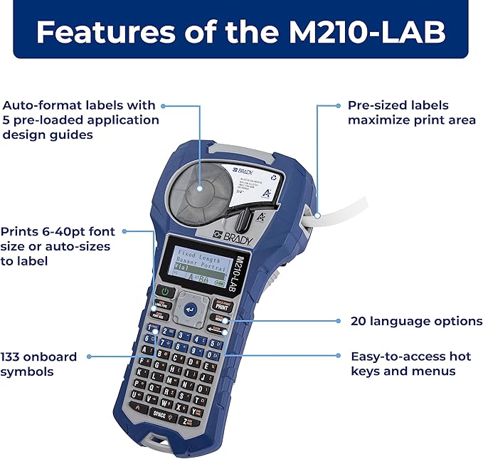 Brady M210-LAB Portable Label Printer, Blue/Gray, 9.5 in H x 4.5 in W x 2.5 in D