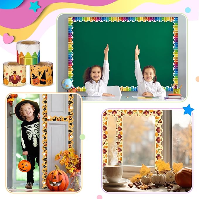 Geyee 12 Rolls 394 ft Holiday Bulletin Board Borders Seasonal Bulletin Board Decorations Winter Valentine's Day Spring Trim for School Classroom Wall Decor