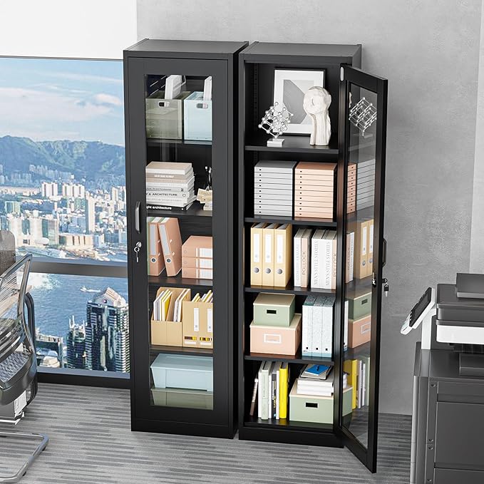 VINGLI Lockable Display Cabinet with Glass Door & 4 Adjustable Shelves, 65" Tall Metal Storage Cabinet Curio Liquor, Bookshelf Bookcase for Home Office Living Room Pantry Garage (Black)
