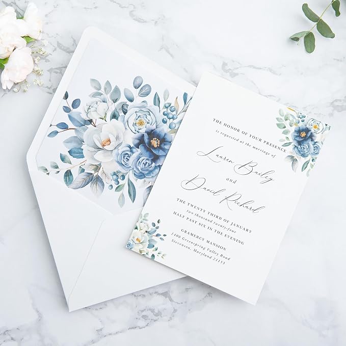 PONATIA 50PCS A7 Euro Flap Envelopes, 5.25 x 7.25'' Liner Envelope For 5x7'' Weddings Invitation Cards, Christmas Gift Cards, Acrylic Invitations, Photos (White & Dusty Blue)