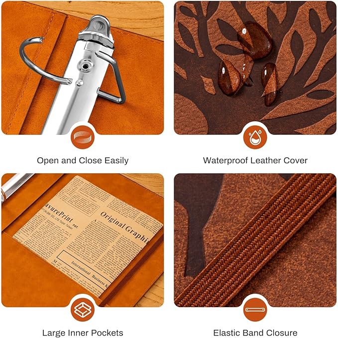 Leather D Ring Binder Fits 8.5"x11" Letter Size Paper, 2 Inch D Ring Binders Holds 550 Sheets, Notepad Paper Cover Loose Leaf Organizer with Inner Pockets, Brown Tree