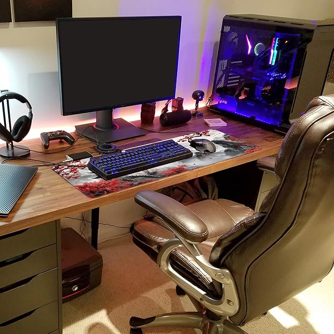 Long Gaming Mouse Pad Extended Anime Large Desk Pad with Non-Slip Base Full Keyboard Mat with Stitched Edges for Gaming and Office 31.5 x 11.8 inches (Mountain Cherry)