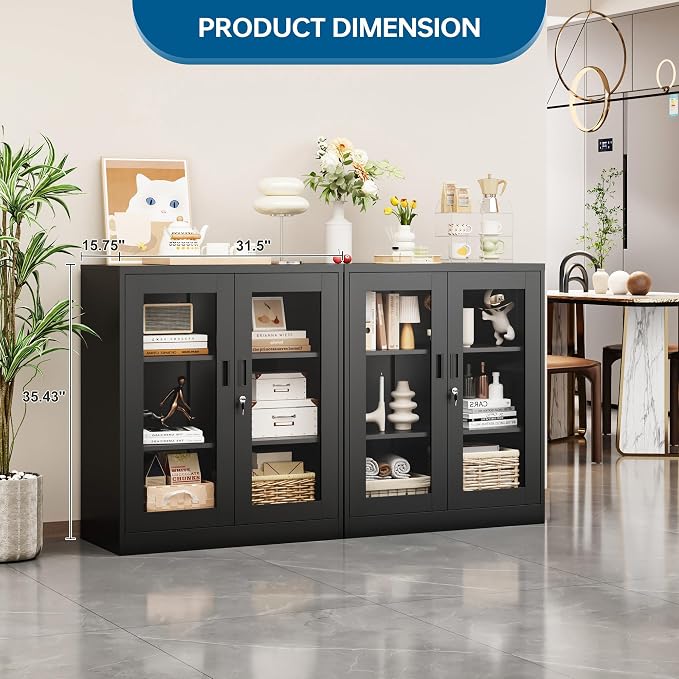 PEUKC Storage Cabinet with 2 Adjustable Shelves, 35.4 Inches Metal Curio Display Cabinet with 2 Acrylic Doors, Locking Glass Display Case for Home, Office, Pantry, Assemble Required (Black)
