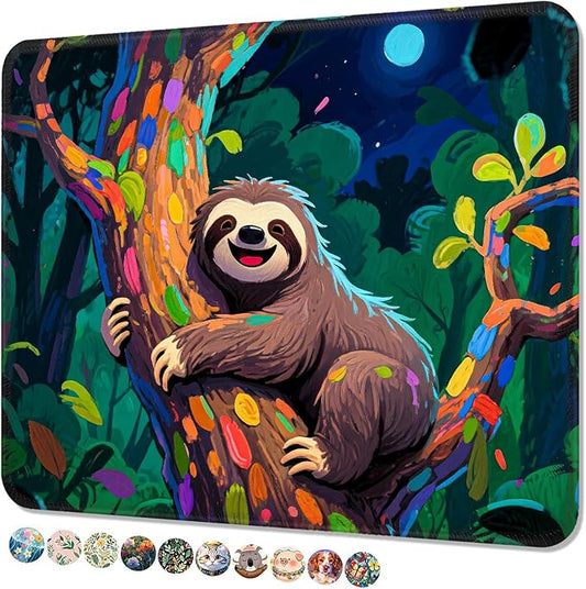 Mouse Pad, Cute Mouse Mat, 10" x 8", Cute Sloth | Square Waterproof Gaming Computer Mat, Textured Top, Stitched Edges, Non-Slip Rubber Base for Office Home Laptop Keyboard