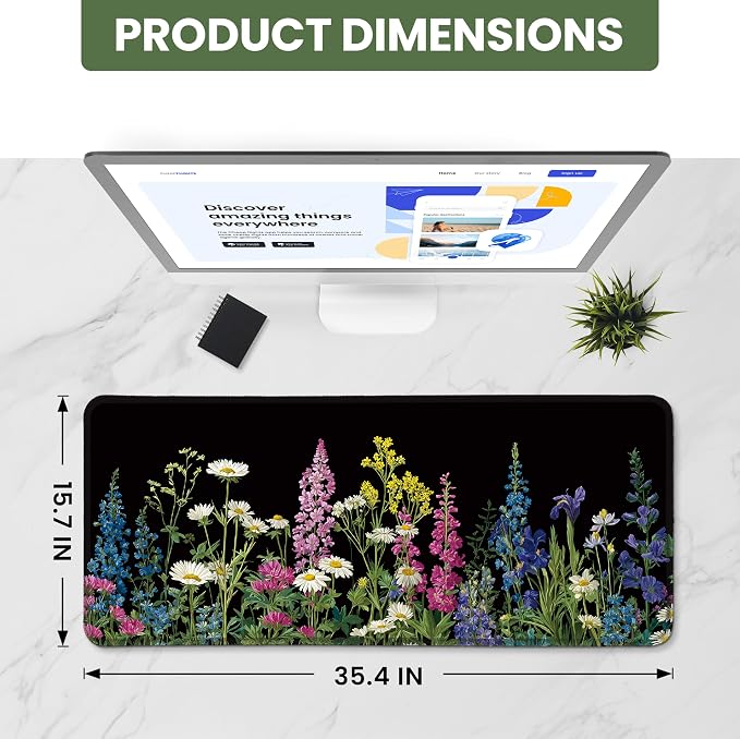 Aesthetic Desk Mat, Cute Starlit Floral Desk Pad Protector for Work & Decor, 35.4" x 15.7", Pretty Non-Slip Extended Mouse Pad for Office or Home