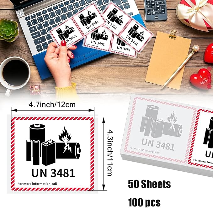100pcs Lithium Ion Battery Transport Caution Warning Labels 4.7" x 4.3" Adhesive Stickers for Business Shipping Lithium Batteries (UN3481)