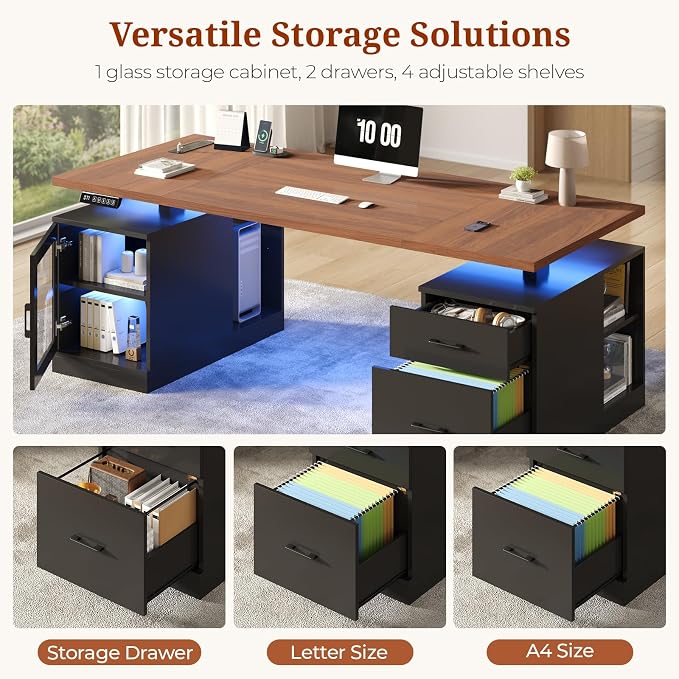 71 in Executive Standing Desk, Electric Height Adjustable Desk with Storage Drawers, Glass Cabinet, Shelves, Power Outlet, LED Light, Wood Sit Stand up Computer Desks for Home Office (Black)