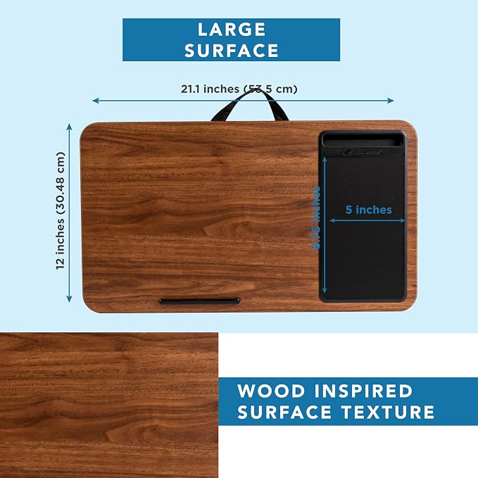 LAPGEAR Home Office Lap Desk – Espresso Woodgrain, Fits 15.6” Laptops | Built-In Mouse Pad & Phone Slot, Integrated Device Ledge, Dual-Bolster Microbead Cushion, Carry Handle