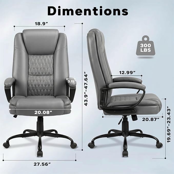 Executive Office Chair, Ergonomic High Back Desk Chair with Lumbar Support, Adjustable Big and Tall Computer Chair, 360° Swivel, PU Leather, Grey