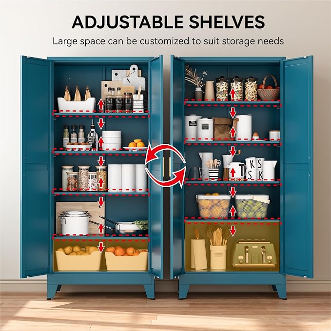 COFaR 71" Metal Pantry Cabinet in Peacock Blue, 5-Tier Storage with Adjustable Shelves, Modern Statement Cupboard for Kitchen, Bathroom & Living Room