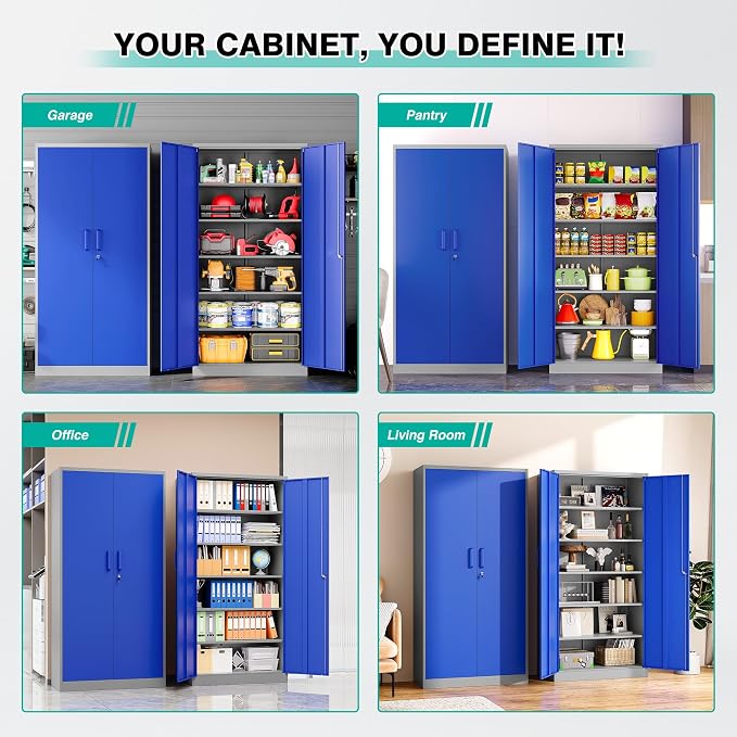 Metal Cabinet with 5 Adjustable Shelves,6 Tier Garage Storage Cabinet with Lock,Gray Blue Metal Storage Cabinet with Locking Doors,Steel Cabinets,71" Lockable Storage Cabinets for Home,Office,Garage