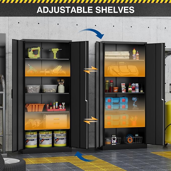 Fesbos Metal Storage Cabinet-71” Tall Steel File Cabinets with Lockable Doors and Adjustable Shelves-Black Steel Storage Cabinet for Home, School, Office, Garage