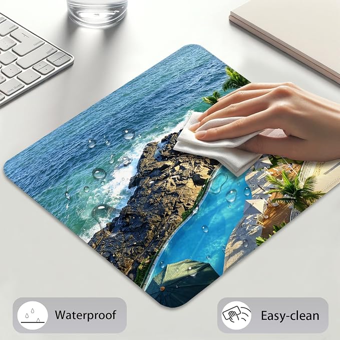 Luxury Cliffside Resort Pool with Palm Trees Mouse Pad, Tropical Desk Mat | Coastal Vacation Paradise Design, Cute Mousepad Stitched, Anti-Slip Base Smooth Surface, 9.5 x 7.9 Inches