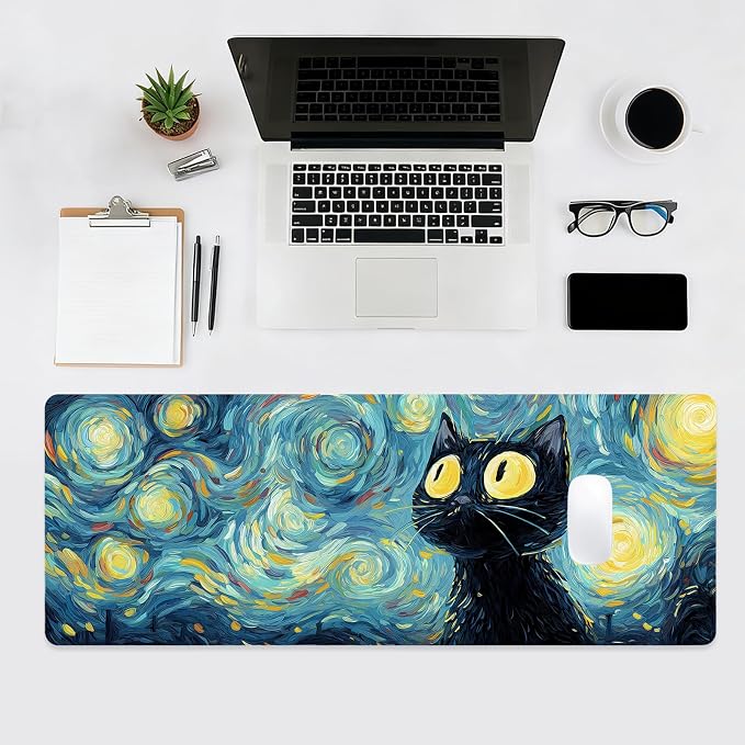 Gaming Mouse Pad, Big Cute Mousepad, XL Large Extended Desk Mat with Non-Slip Rubber Base, Laptop Desk Pad, Computer Keyboard Mat Office&Home, 31.5x11.8in, Starry Night Black Cat