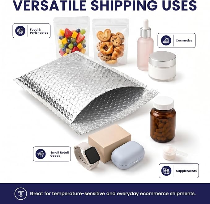 Waterproof Insulated Foil Thermal Bubble Mailers 10x11, 200-Pack | Ideal for food, skincare, cosmetics & perishables. Tear-resistant metallic lining protects temperature-sensitive items.