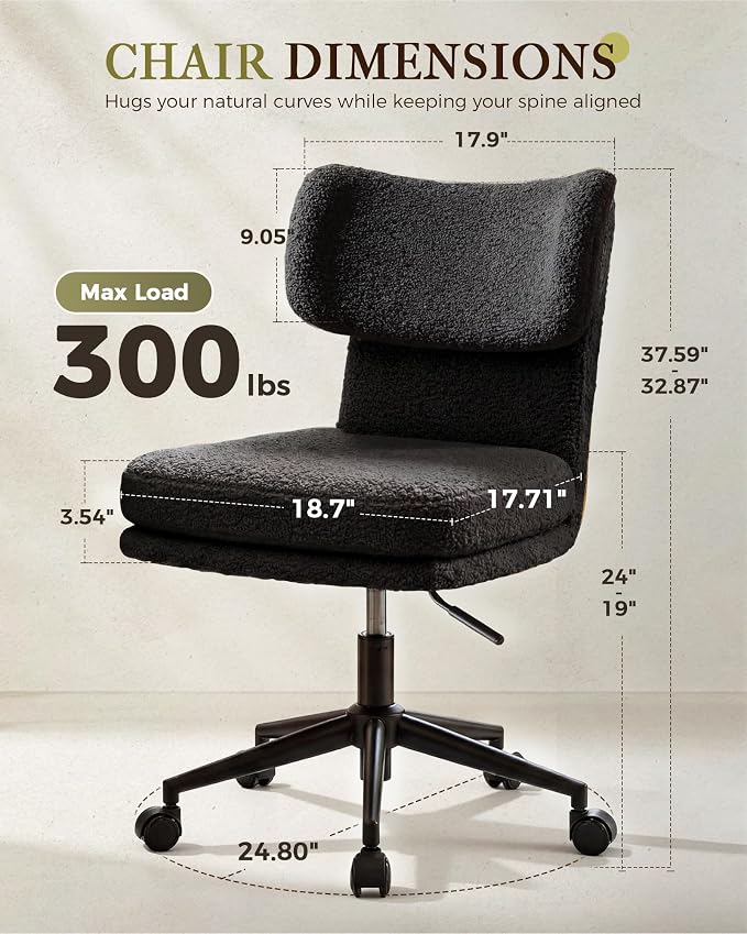 COMHOMA Vanity Chair with Ergonomic Curved Backrest, Home Office Desk Chair with Silent Wheel, Wide Seating Computer Chair for Girls Women Bedroom, Soft Teddy Fabric, Black