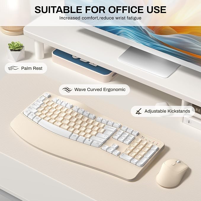 Wireless Keyboard and Mouse Combo,2.4G Ergonomic Wave Keys(Latte Color-A) | Full Size Cordless Keyboard with Wrist Rest,3-Level DPI Ergonomic Mouse for Office and Home,Windows/Mac OS/Desktop/Laptop/PC