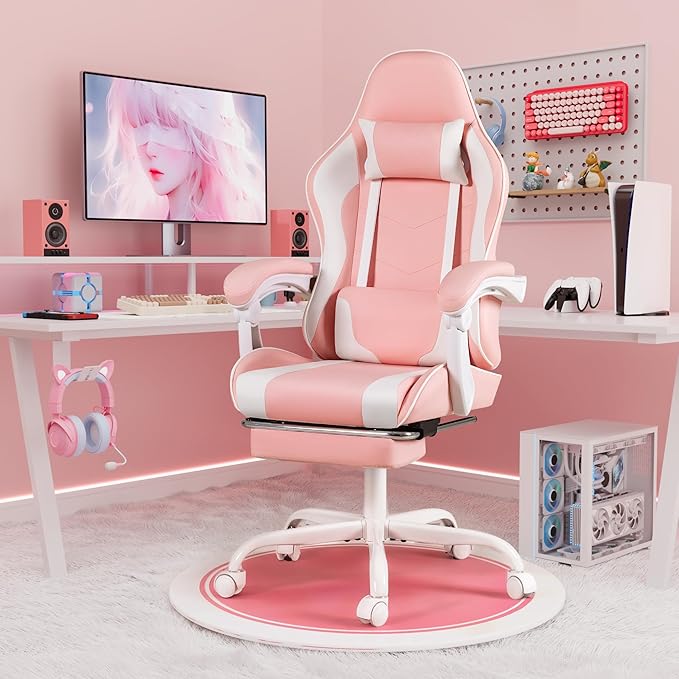 Homall Gaming Chair, Video Game Chair with Footrest and Massage Lumbar Support, Ergonomic Computer Chair Height Adjustable with Swivel Seat and Headrest (Pink)