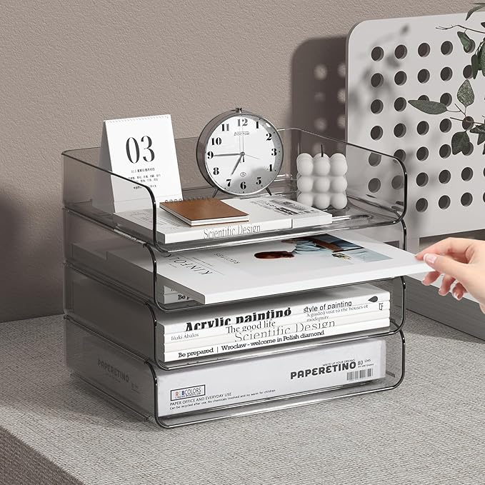 4-Tier Horizontal Acrylic Paper Tray Organizer | Clear Stackable Desk Organizer for Documents, Letters, A4 Paper | Modern Office/Classroom/Home Organization,Brown