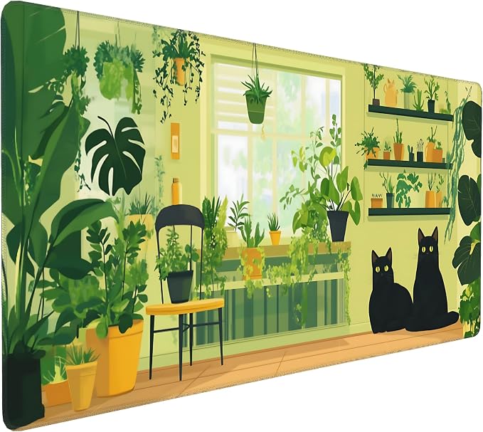 Cute Anime Black Cat Gaming Mouse Pad, Green Yellow Urban Jungle Desk Mat with Anti-Slip Base & Stitched Edges, Office & Home Desk Decor for Women, 35.4" x 15.7" in Computer Desktop Mat