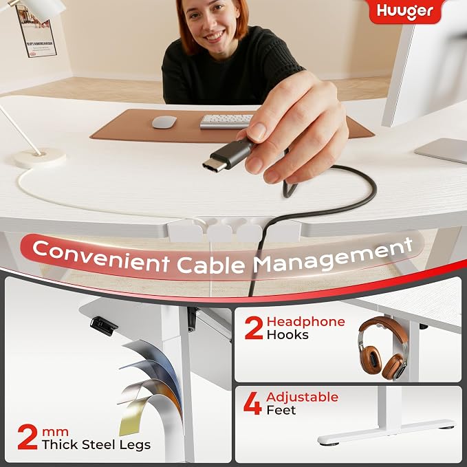 Huuger Electric Standing Desk with Power Outlets and USB-C Port, 55 X 24 Inch Height Adjustable Desk, Sit Stand Desk for Home Office, Computer & Gaming Desk with 4 Presets, Stable Steel Frame, White