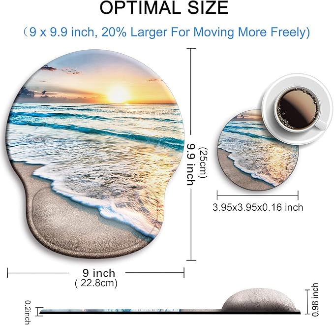 Ergonomic Mouse Pad with Wrist Support Rest,Large Mousepad Gel Wrist Rest, with Coaster Non-Slip & Pain Relief for Computer, Desk, Home&Office-Beach