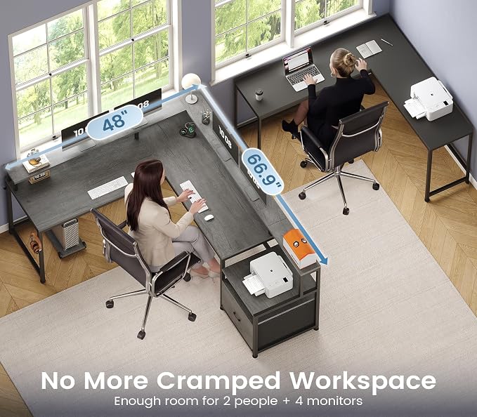 SEDETA 66" Reversible L Shaped Computer Desk with Power Outlet, File Drawer | Home Office Desk with Monitor Shelf, Storage Shelves, LED Lights for Corner Small Spaces, Gaming, Grey