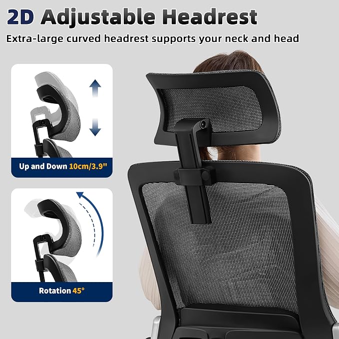Fizzin Office Chair Mesh Desk Chair with 3D Armrests Computer Chair | Ergonomic Office Chair with Adjustable Lumbar Support and Headrest 125° Tilt and Wide Mesh Cushion High Back Home Desk Chair