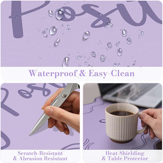 iCasso Purple Office Decor for Women, Scalloped Desk Cover Mat, Large Mouse Pad, Leather Waterproof Accessories Blotter, Non-Slip Mousepad for Organizer Office Dorm Supplies Teacher Girly