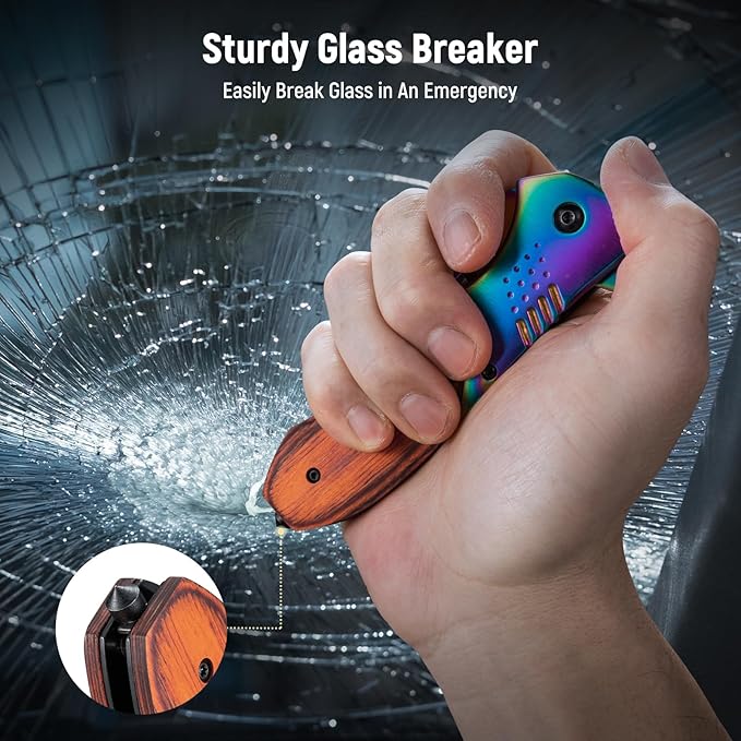 Pocket Knife for Men - Sharp Blade Wood Handle Pocket Folding Knives with Clip, Glass Breaker - EDC Knives for Survival Camping Fishing Hiking Women, Large, Rainbow