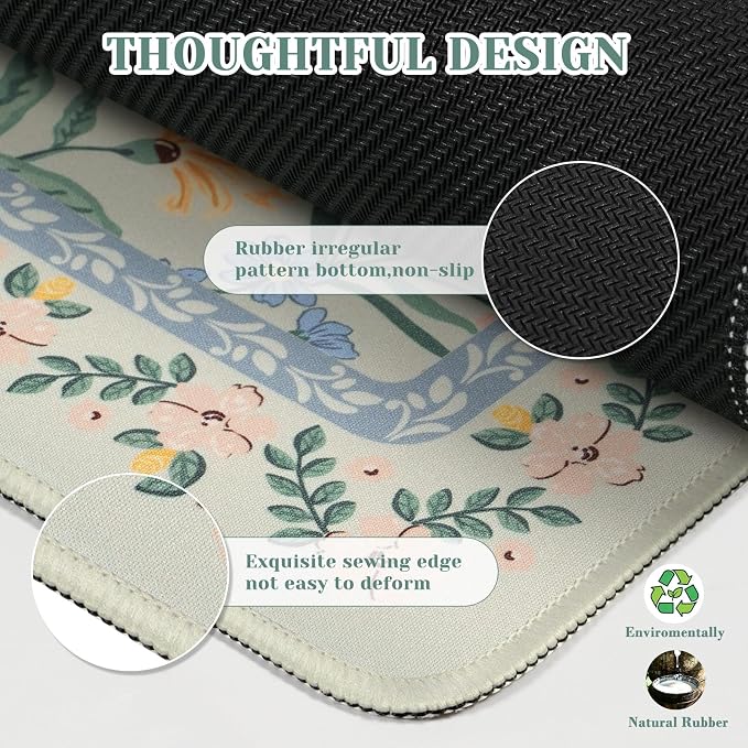 iCasso Aesthetic Flower Mouse Pad,23.6x13.7in, Green Floral | Desk Pad Mat, Desk Matt for Desktop Anti-Slip Mousepad with Stitched Edges for Laptop Computer Keyboard
