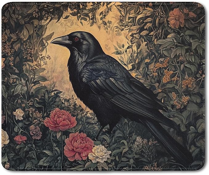 Gothic Moody Floral Raven Mouse Pad, Dark Academia Cottagecore Wildflower Crow Mouse Pads Mousepad for Home Office Dorm Computers Laptop Supplies Desk Accessories, 9.5x7.9 Inch