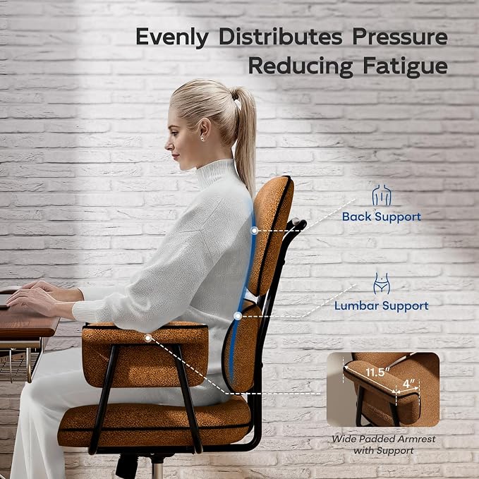 Brown Office Chair, Memory Foam Seat Mid Century Modern Desk Chair | 3.9" Sloped U-Shaped Memory Foam Cushion, Granular Linen Fabric, Lumbar Support, 1.2mm Sturdy Metal Tube, 400LBS Capacity