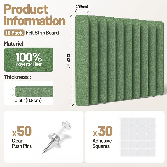 10 Pack 13"x2" Cork Board Strip with Removable Adhesive Squares & Push Pins | Pin Board Alternative Felt Strip Bulletin Board, Felt Board for Photo & Note Display, Home Office Decor - Moss Green
