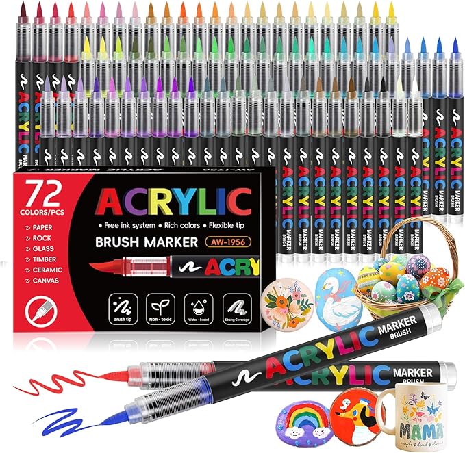 Acrylic Markers Set,72 Colors Acrylic Paint Markers Brush Tip,Vibrant Acrylic Paint Pens for Wood,Paper,Plastic,Glass,Fabric,Automatic Ink Control marcadores acrílicos (72 Colors)