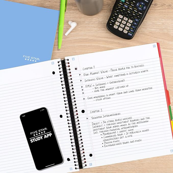 Five Star Advance Spiral Notebook + Study App, 5 Subject, 8.5" x 11" College Ruled Paper, 200 Sheets, Spiral Guard, Movable Tabbed Dividers, Prom Pink (820013R)