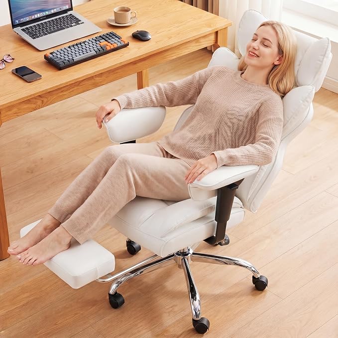 DUMOS Big and Tall Home Office Desk Chair, Executive Chair with Footrest | PU Leather, Ergonomic Comfy Lumbar Support, High Back Reclining, Adjustable Armrests, White