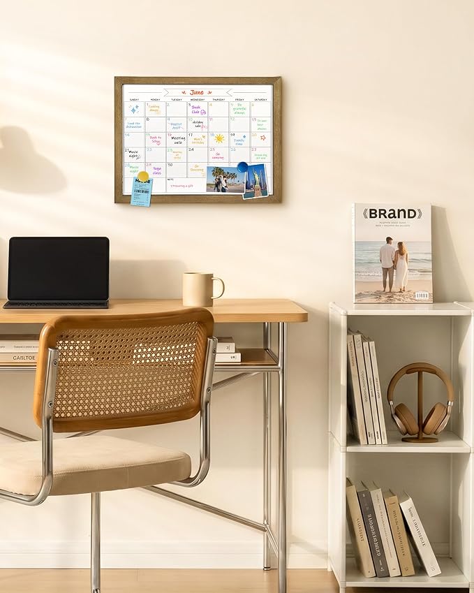 Small Dry Erase Monthly Calendar Whiteboard, Magnetic Surface White Board for Wall, Office/School/Home, Solid Pine Wood Rustic Brwon Frame Hanging Board & Planning Board, 13"x 17" (YL-RB-3343-B)