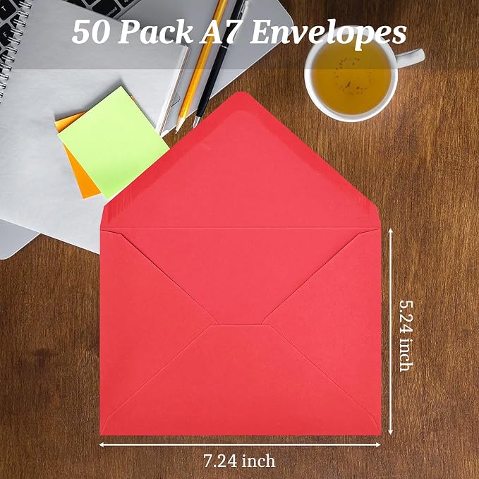 50 Pack Red A7 Envelopes, Christmas New Years Greeting Card Envelopes Self Seal, 5.24 x 7.24 in Envelopes for Birthday Graduation Baby Shower Wedding