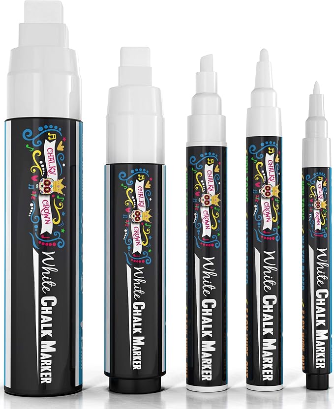 CHALKY CROWN White Liquid Chalk Markers - 5 Pack (1, 3, 6, 10, 15mm) | Multi-Tip Variety Pack Includes 1, 3, 6, 10 & 15mm Tips - Non-Toxic Ink for Windows, Glass & Signs - Smooth Wipe-Clean