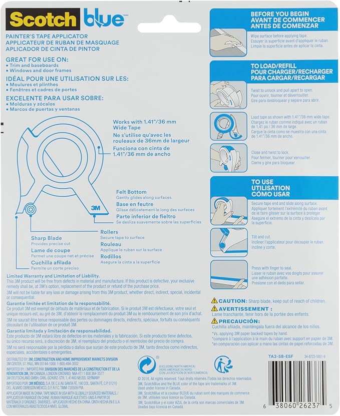 Scotch Blue Painters Tape Applicator, Applies Painter's Tape in One Continuous Strip, Paint Tape Applicator for Trim, Windows and Door Frames, 1.41 Inches x 20 Yards, 1 Starter Roll (TA3-SB-ESF)