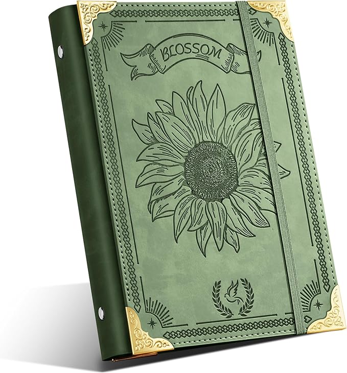 Sunflower PU Leather A5 Binder 6 Ring Refillable Journal Cover No Inserts A5 Planner Binder Loose Leaf Binder for Notebook 5.7”x8.3” with Elastic Closure, Green