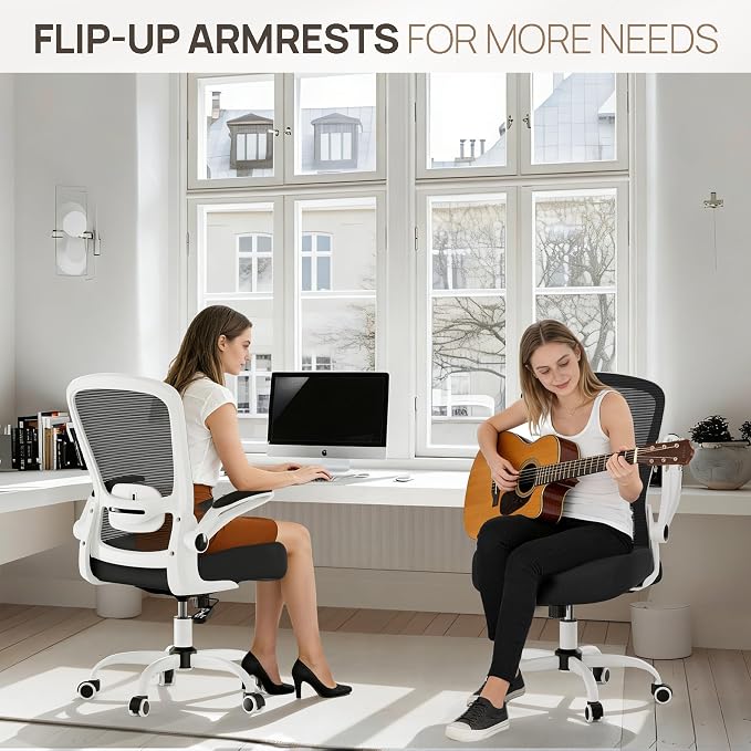 Mimoglad Ergonomic Office Chair - Desk Chair with Flip-up Armrests & 135° Recline, Adjustable Lumbar Support - Space-Saving Task Chair for Business/Team Office & Home (White Frame-Black, 300lbs) | Supports 300 lbs · Seat 19.48"–23.4" · Breathable mesh ...