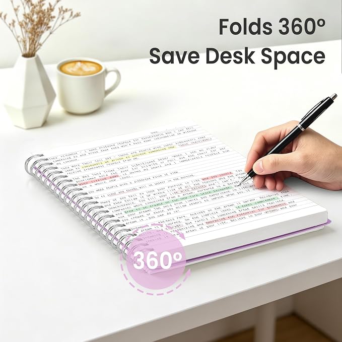EMSHOI Lined Spiral Journal Notebook, 300 Pages, B5 Size (7.4'' x 10.1'') | College Ruled, 100 GSM Thick Paper, Flexible Plastic Cover, for School, Writing, Work, Office & Journaling (Purple)