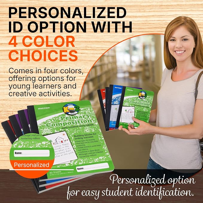 Mintra Primary Composition Notebook, 4 Pack, Assorted Colors 80 Sheets, 7.5in x 9.75in, 1/2 Sheet, Ruled with Drawing Area, Flexible Hardcover Journal, Grades K-2, School & Home Use
