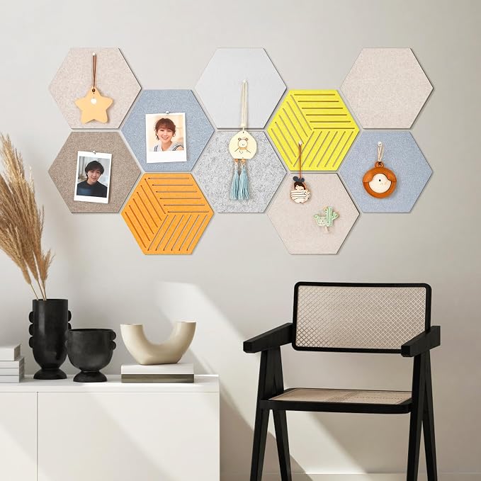 Hexagon Felt Bulletin Cork Board Tiles Peel and Stick, 10 Pack | 1300g/m² Dense Polyester Fiber, Self-adhesive, Frameless, Modern, Modular Wall Decor, 12 x 10 inch, 30 Push Pins