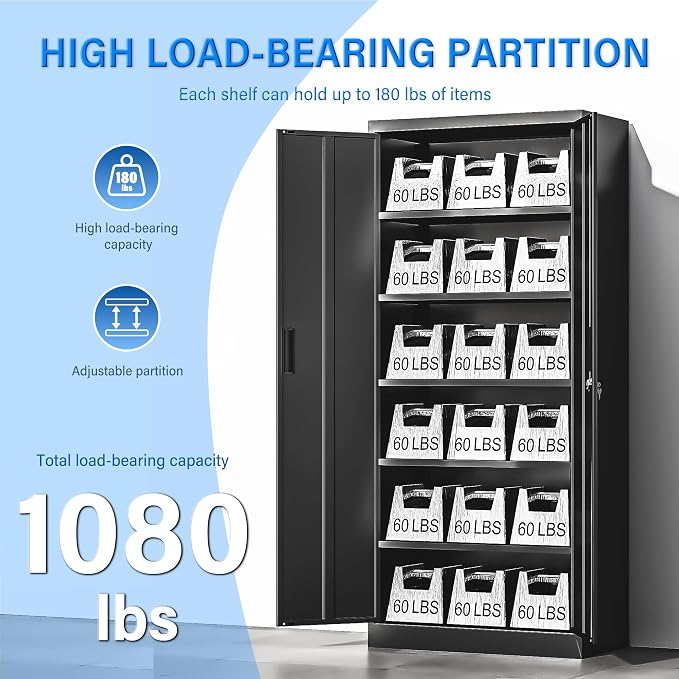 BESFUR Metal Storage Cabinet, 71" H Locking Storage Cabinet with 5 Adjustable Shelves, Metal Cabinets for Garage, Office, Home, Classroom- Black
