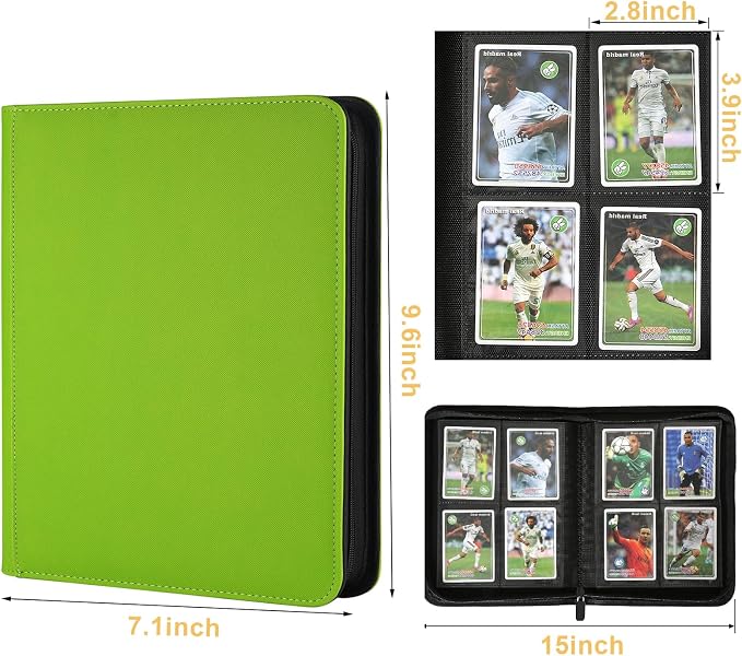 4 Pocket Ringless Side Loading Trading Card Binder, 160 Cards PU Fixed Page Zipper Card Album for TCG Sports Game Cards, Not Fit Top Loaders (Grass Green)